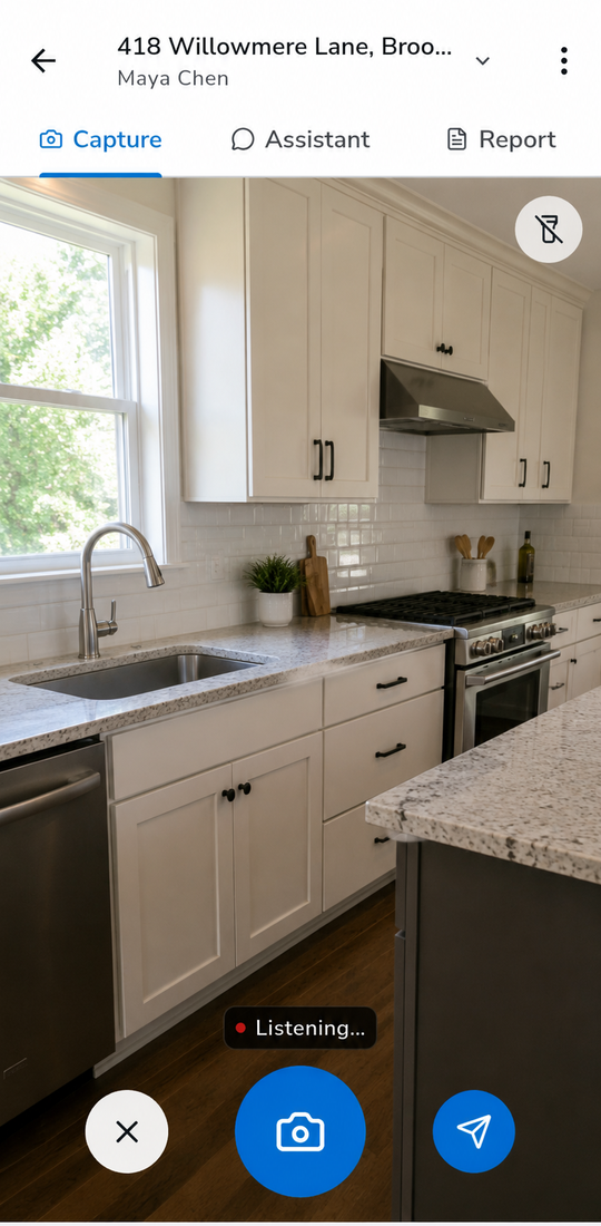 Fielded camera-first capture screen showing a kitchen with Listening mode active