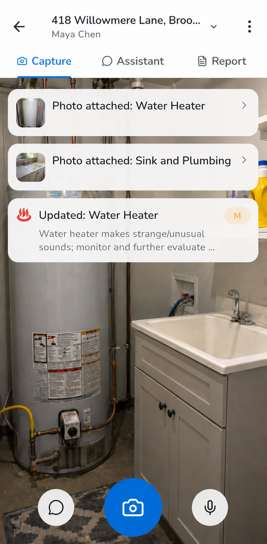 Fielded capture screen showing AI-generated update cards for Water Heater and Sink sections