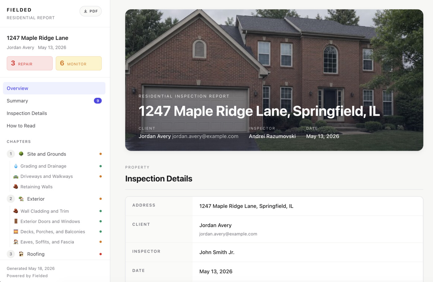 Fielded HTML report showing 1247 Maple Ridge Lane with sidebar navigation, deficiency counts, and cover photo